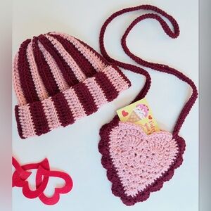 Charming Toddler Crochet Hat and Purse Set - Pink and Burgundy
